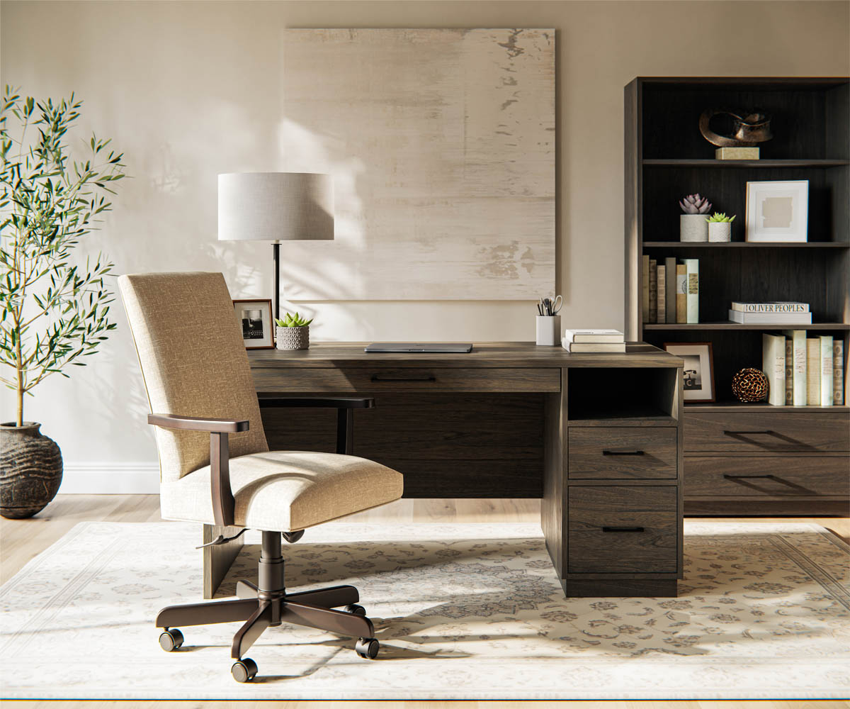 Solid wood L-desk and bookcase in home office