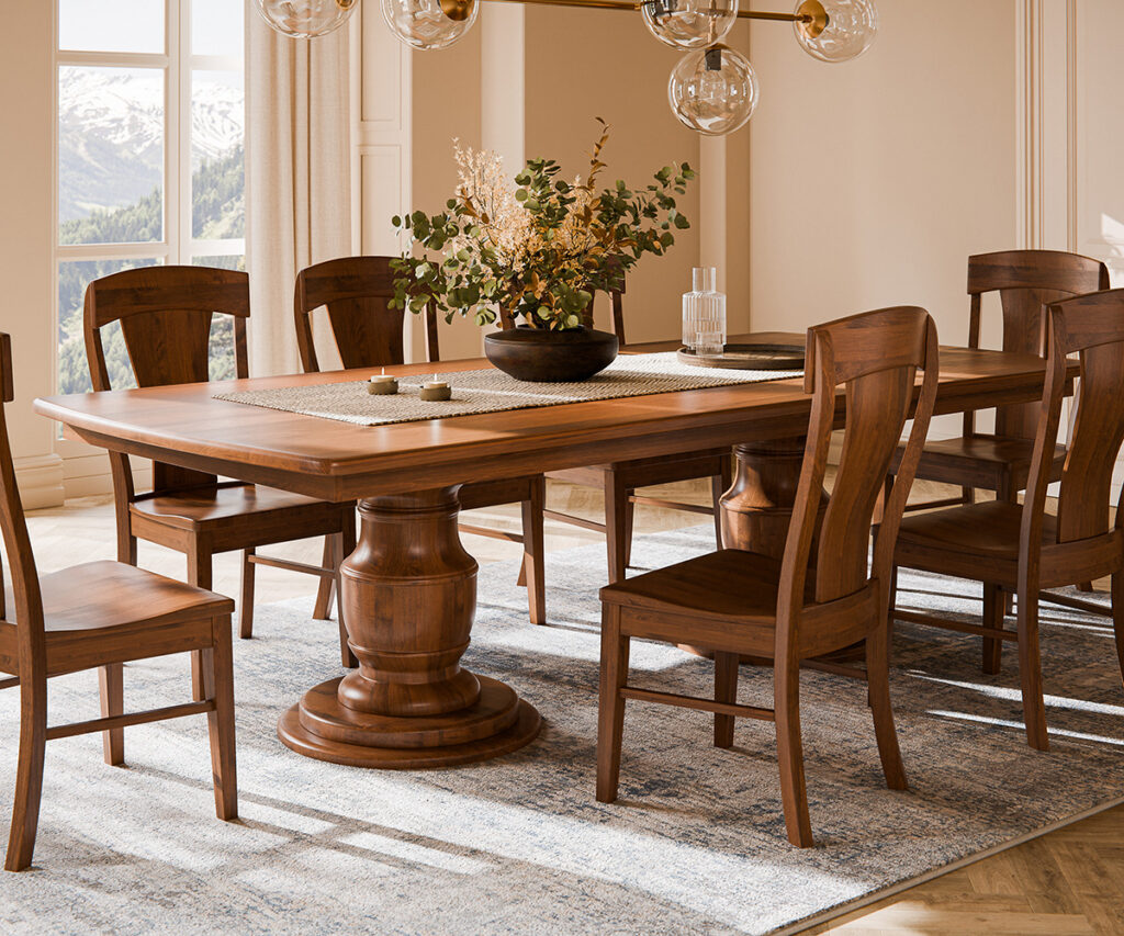 Wood dining room furniture with pedestal table and chairs in a bright room